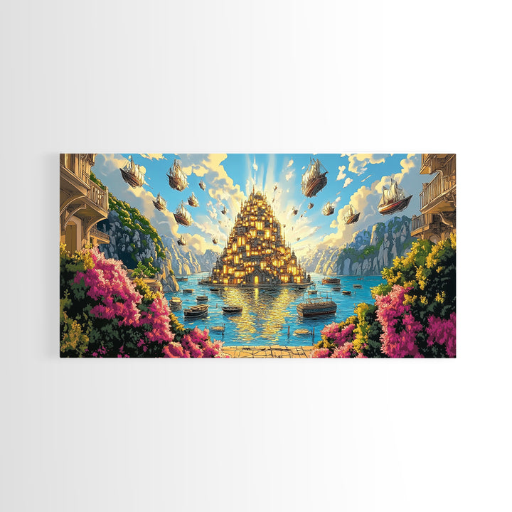 Golden Floating Island City Over Turquoise Sea Wall Art, Fantasy Landscape Canvas Print, Coastal Decor, Travel Poster Gift