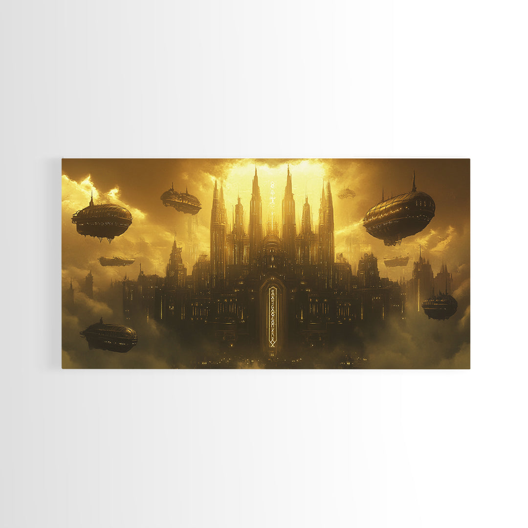 Dark Golden Sky Cathedral With Airships Wall Art, Gothic Fantasy Canvas Print, Moody Office Decor, Steampunk Home Decor Gift