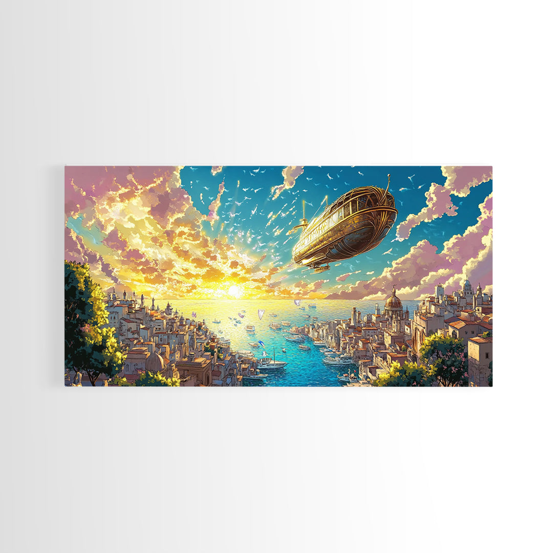 Sunset Harbor City With Golden Airship Wall Art, Mediterranean Canvas Print, Travel Poster, Coastal Living Room Decor Gift