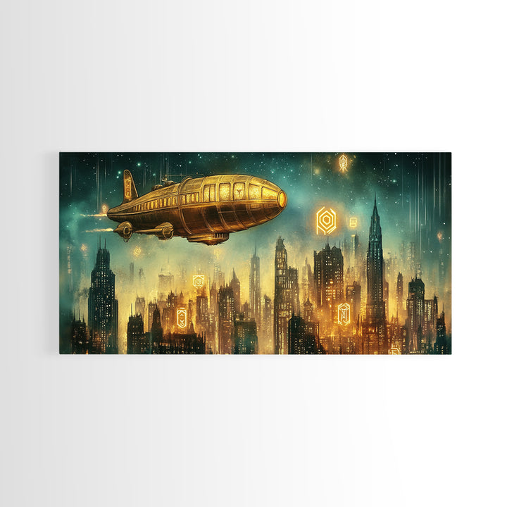 Golden Retro Airship Above Futuristic City Wall Art, Sci Fi Canvas Print, Cyberpunk Decor, Modern Office Wall Art Gift For Him