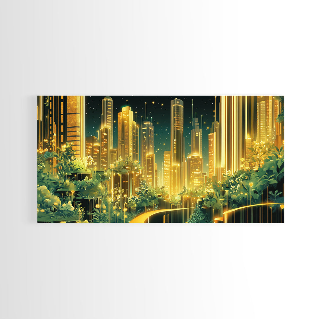 Luminous Garden Skyline In Golden Futuristic City Wall Art, Modern Canvas Print, Green Wall Decor, Home Office Decor Gift
