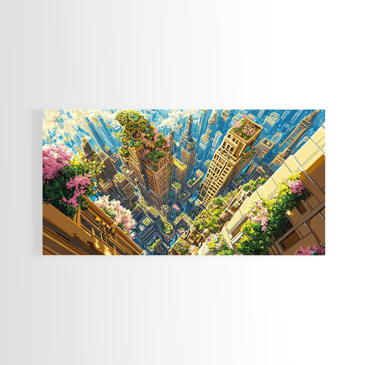 Aerial Skyscraper Gardens And Flowered Balconies Wall Art, Modern City Canvas Print, Urban Home Decor, Large Wall Art Gift
