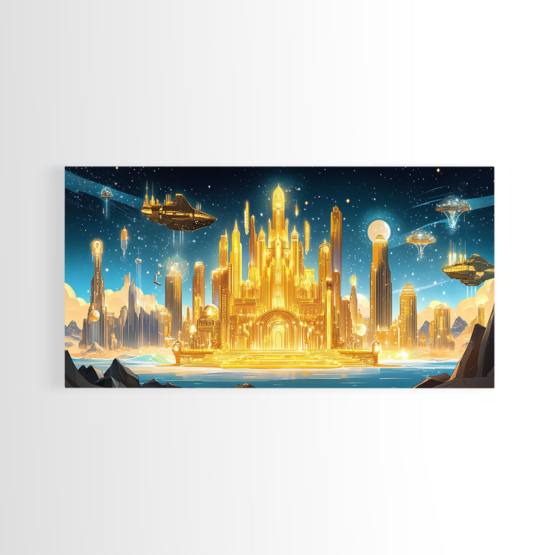 Radiant Golden Sci Fi Citadel Beneath Moonlit Sky Wall Art, Futuristic Canvas Print, Space Decor, Statement Wall Art Gift