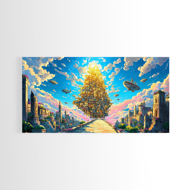 Floating Golden Pyramid City Above Ancient Ruins Wall Art, Fantasy Canvas Print, Surreal Landscape Art, Large Wall Decor