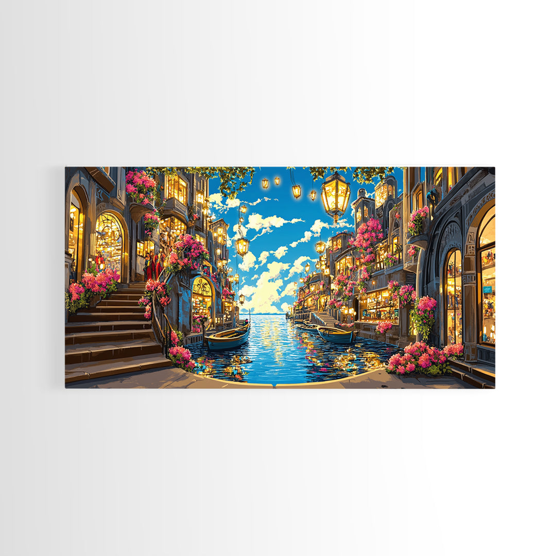 Flower Lined Canal Street With Lanterns Wall Art, Mediterranean Canvas Print, Coastal City Decor, Living Room Wall Art Gift