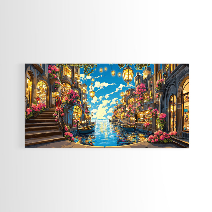 Flower Lined Canal Street With Lanterns Wall Art, Mediterranean Canvas Print, Coastal City Decor, Living Room Wall Art Gift