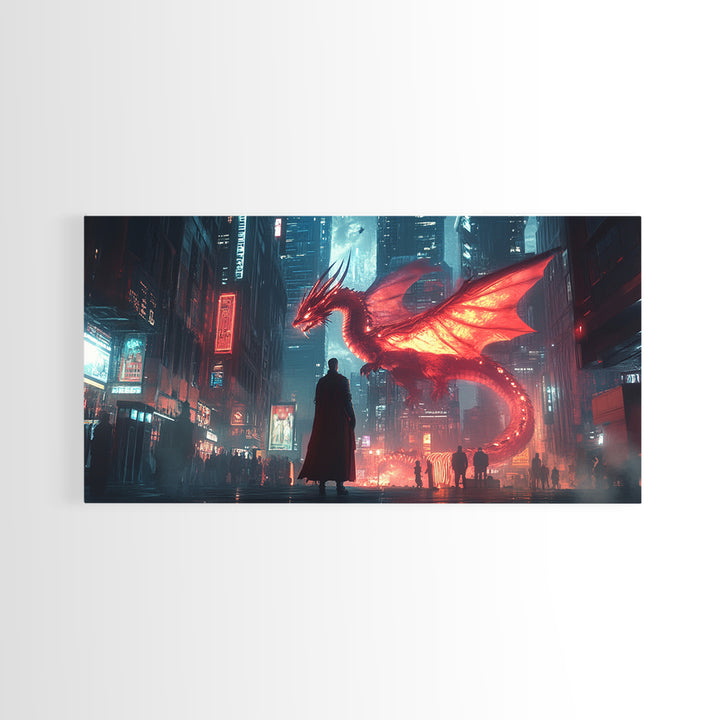 Neon Cyberpunk Dragon City Wall Art, Futuristic Sci Fi Fantasy Poster, Gaming Room Decor, Dystopian Urban Canvas Print Gift