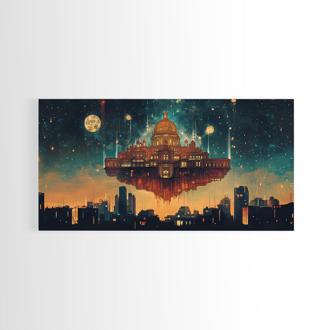 Floating Celestial Palace Wall Art, Starry Futuristic Cityscape, Surreal Architecture Framed Canvas Print, Office Decor Gift