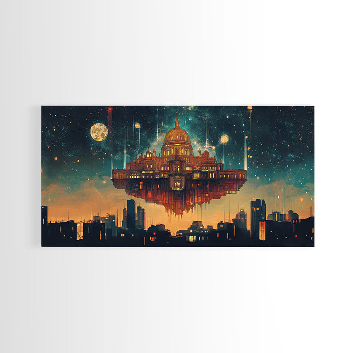 Floating Celestial Palace Wall Art, Starry Futuristic Cityscape, Surreal Architecture Framed Canvas Print, Office Decor Gift