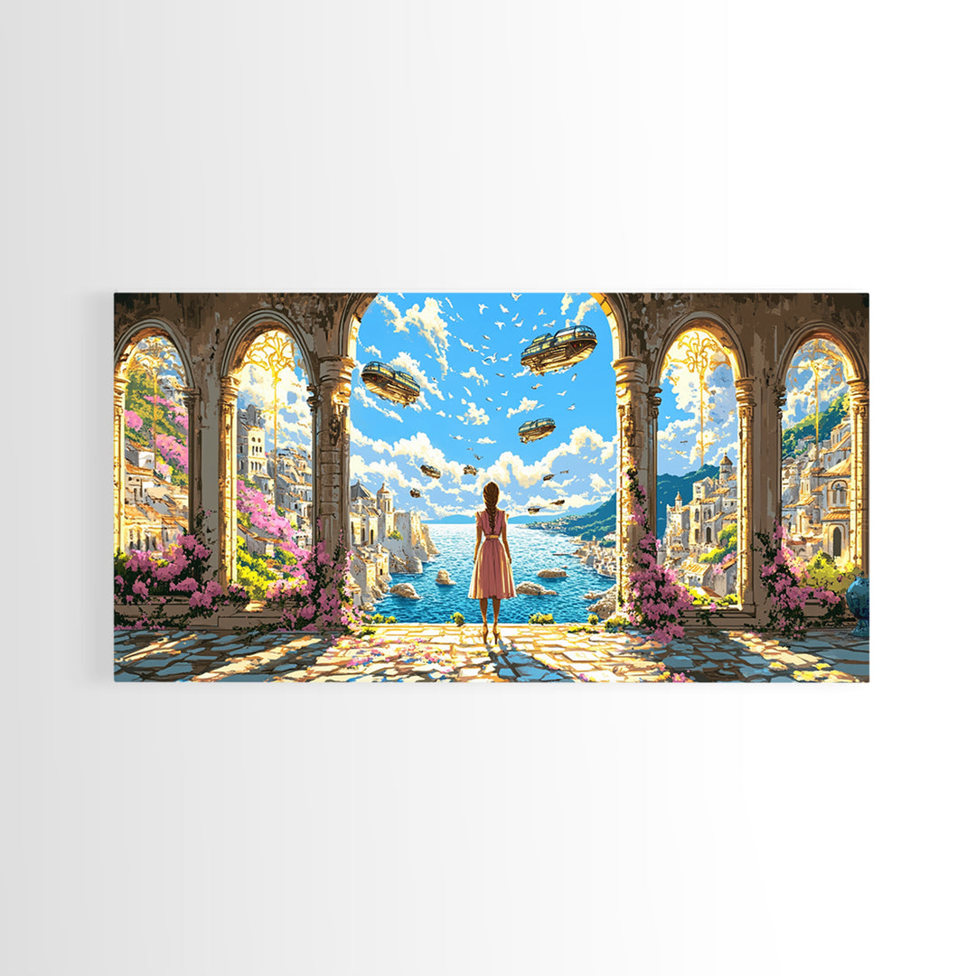 Arched Seaside Portal With Airships Framed Canvas Print, Fantasy Coastal Wall Art, Dreamy Travel Home Decor, Gift For Her