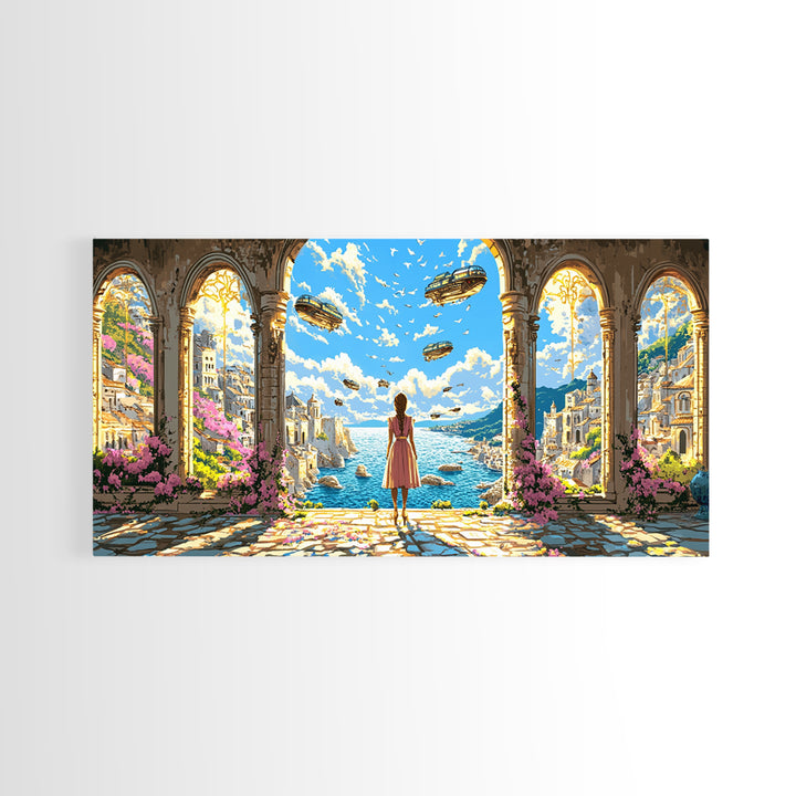 Arched Seaside Portal With Airships Framed Canvas Print, Fantasy Coastal Wall Art, Dreamy Travel Home Decor, Gift For Her