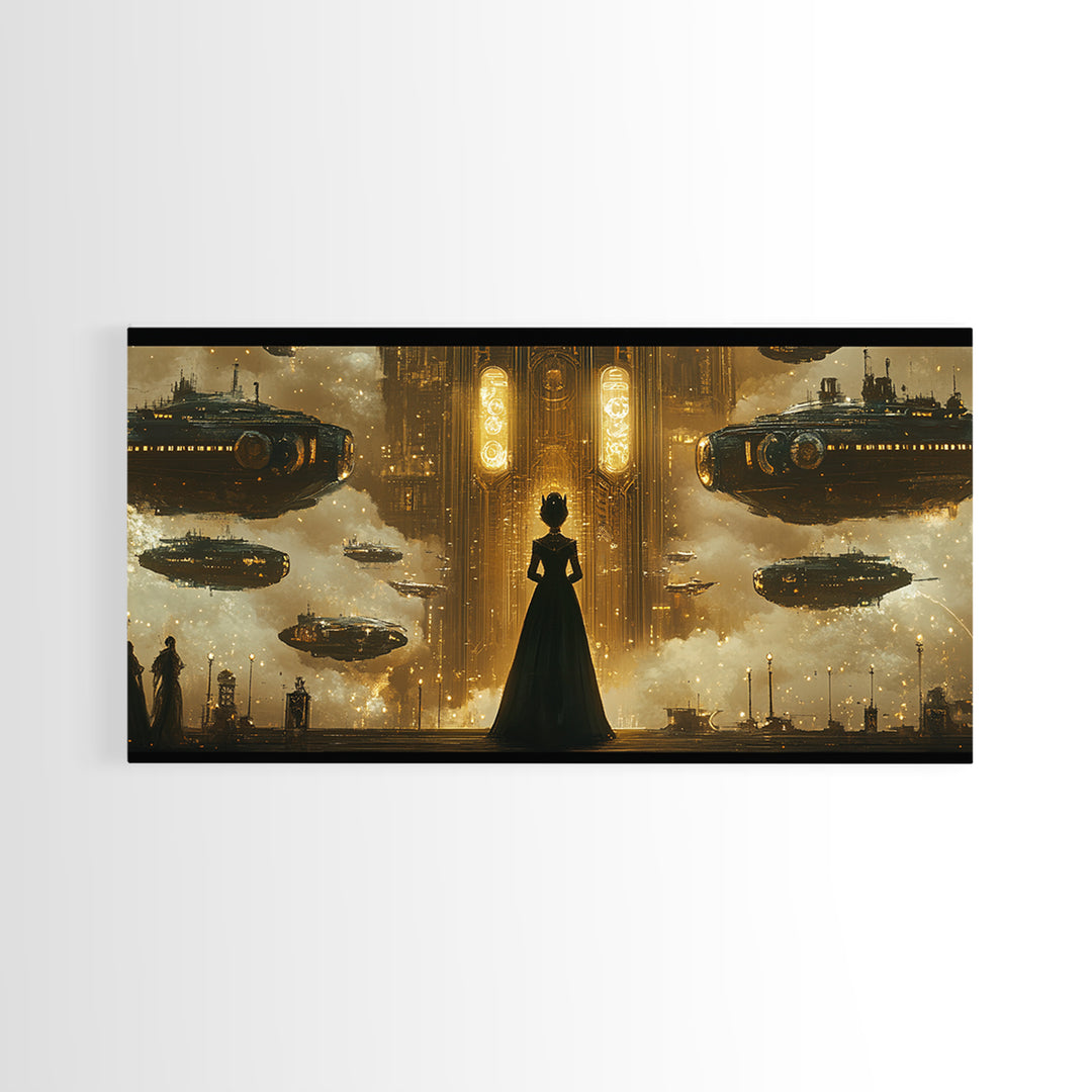 Elegant Woman And Golden Airships Wall Art, Steampunk Fantasy Framed Canvas Print, Dark Academia Decor, Sci Fi Gift For Him