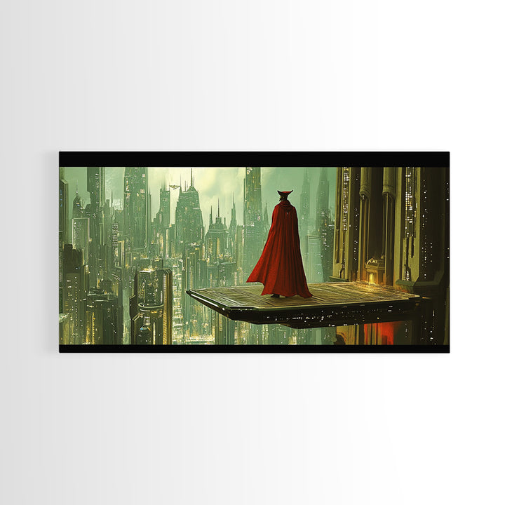 Red Cloaked Figure Above Futuristic City Wall Art, Sci Fi Fantasy Canvas Print, Dystopian Skyline, Modern Office Decor Gift