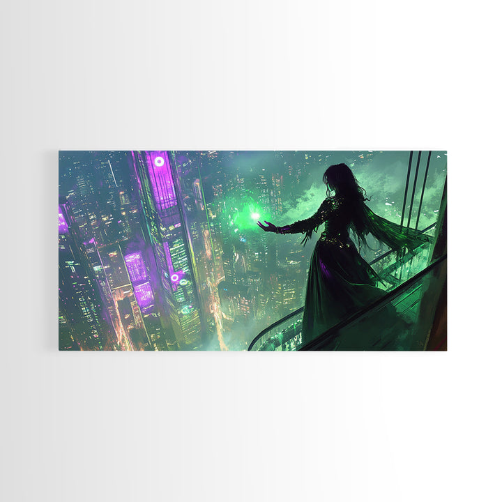 Neon Sorceress Over Cyberpunk Skyline Canvas Print, Futuristic Wall Art, Sci Fi Fantasy Decor, Unique Gaming Room Gift For Her