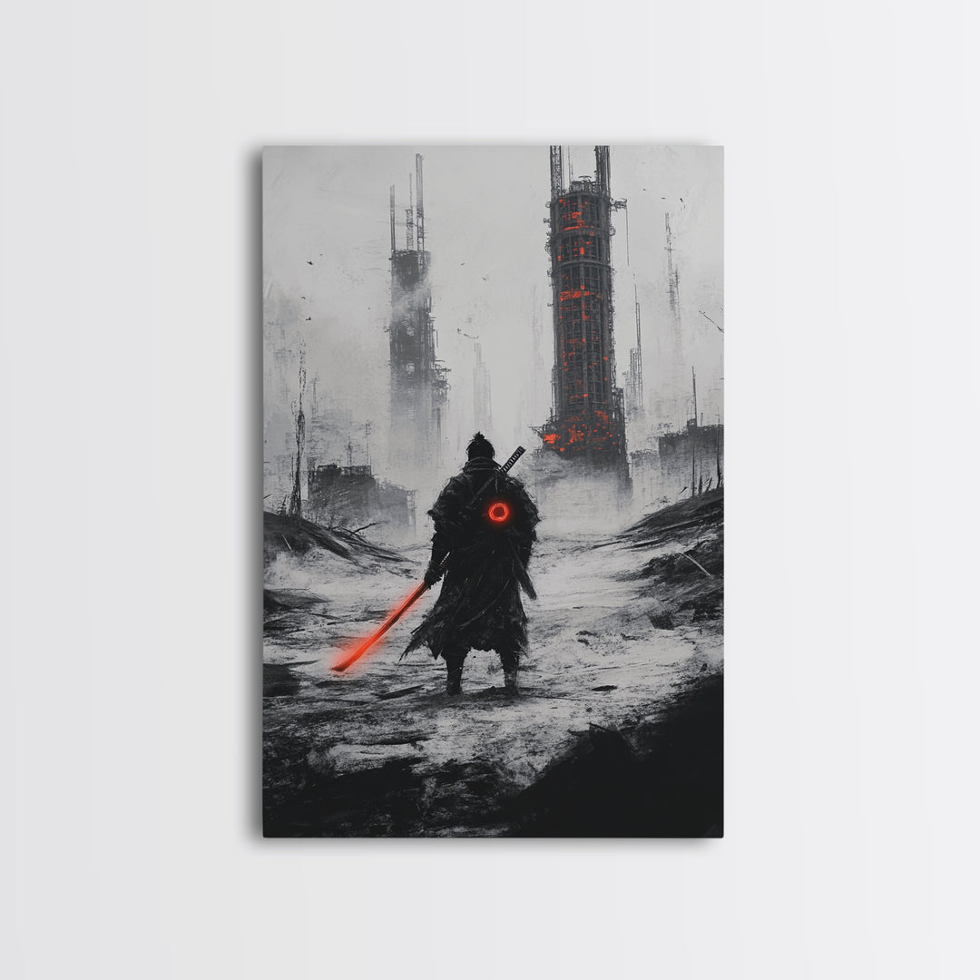 Dark Cyberpunk Warrior In Snowy Dystopian City Wall Art, Sci Fi Fantasy Poster, Futuristic Office Decor, Gamer Room Gift For Him
