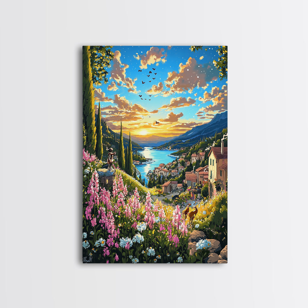 Sunset Lake Como Village With Wildflowers Canvas Print, Italian Landscape Wall Art, Mediterranean Travel Home Decor Gift For Her