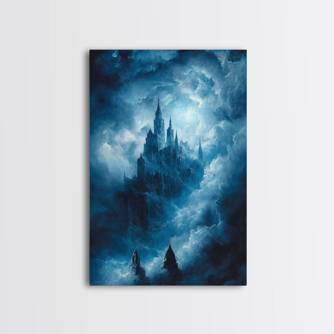 Blue Gothic Castle In Storm Clouds Framed Canvas Print, Dark Fantasy Wall Art, Moody Castle Poster For Bedroom Decor Gift