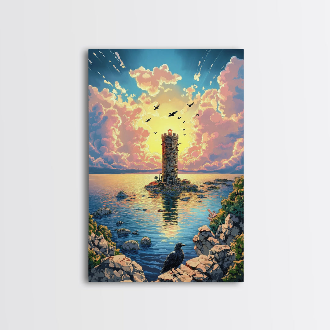 Sunset Lighthouse On Calm Sea With Raven Wall Art, Coastal Fantasy Canvas Print, Ocean Landscape Poster Home Decor Gift For Her
