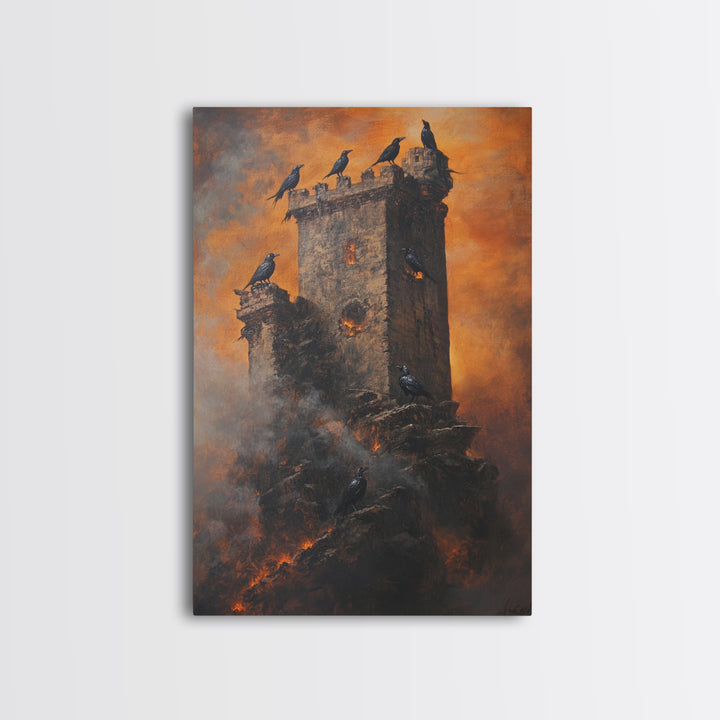 Burning Stone Tower With Black Ravens Framed Canvas Print, Gothic Dark Fantasy Wall Art, Moody Raven Castle Decor Gift For Him