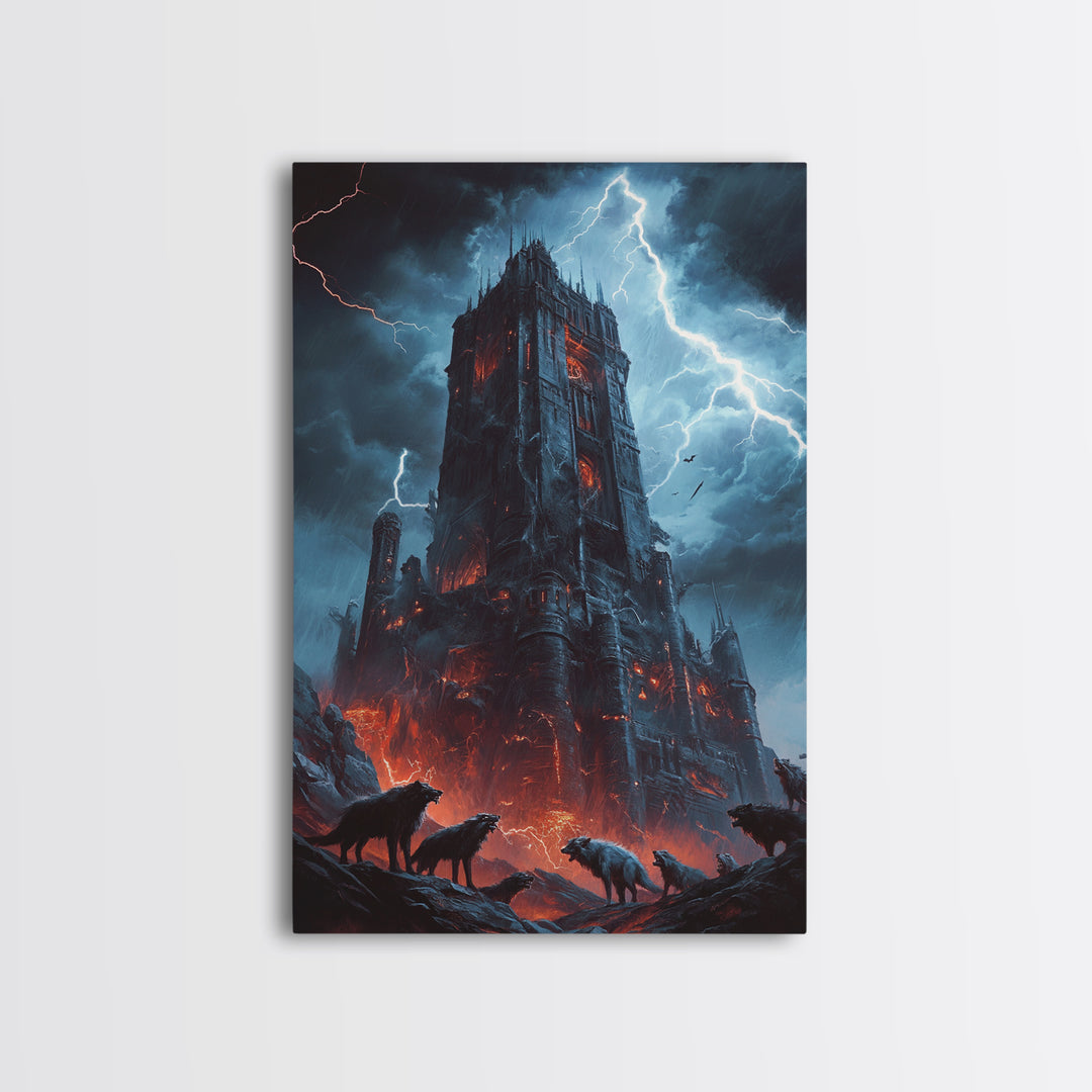 Fiery Gothic Fortress With Lightning And Wolves Wall Art, Dark Fantasy Framed Canvas Print, Horror Castle Decor Gift For Him