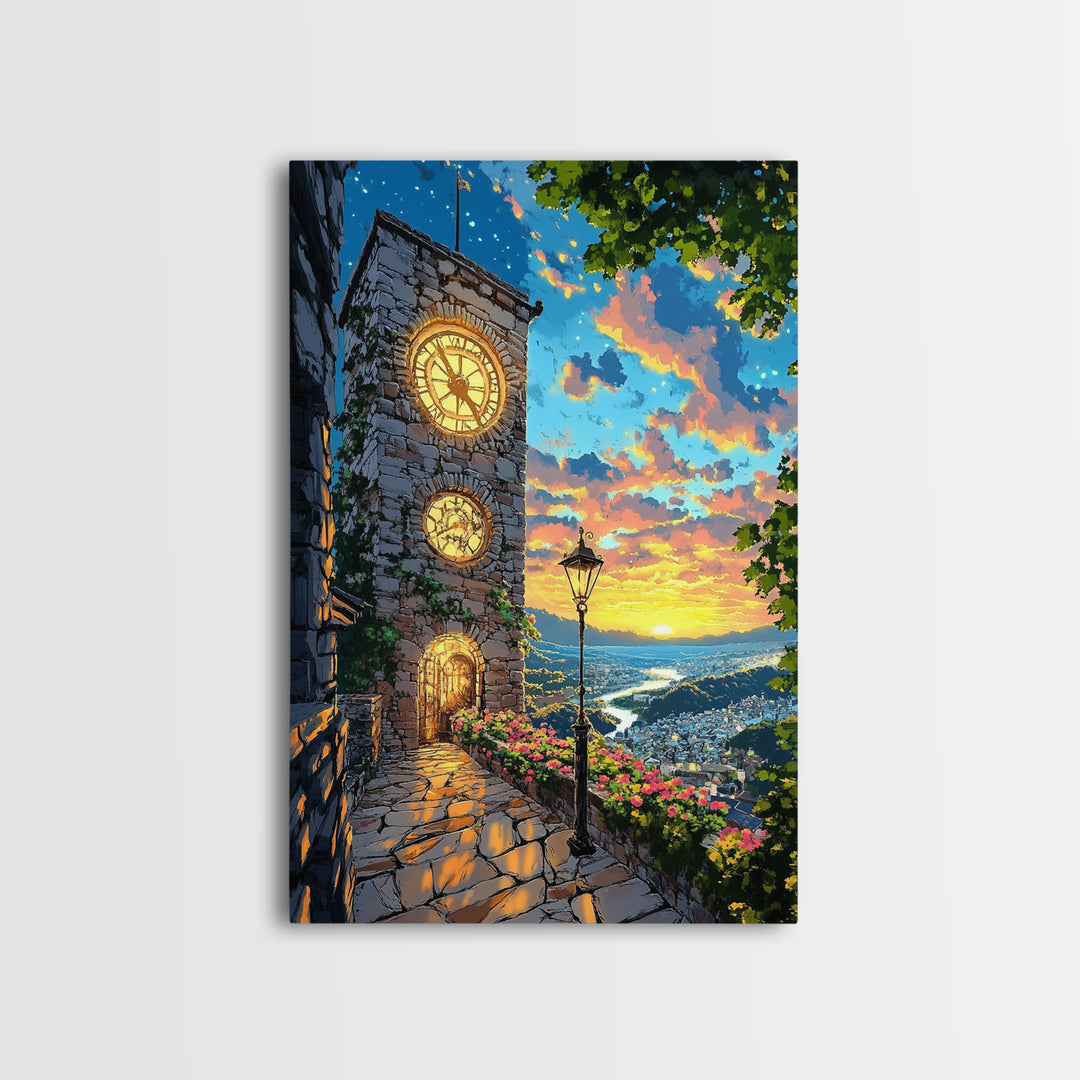 Glowing Clock Tower Over Coastal Village Canvas Print, Mediterranean Landscape Wall Art, Italy Travel Poster Home Decor Gift
