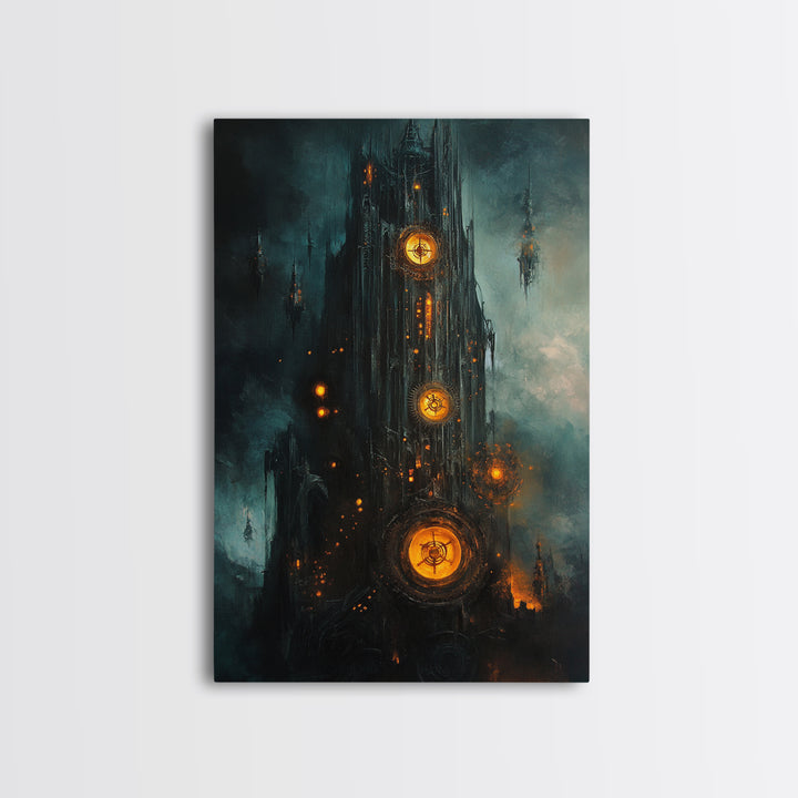 Dark Clockwork Gothic Tower With Glowing Gears Wall Art, Steampunk Fantasy Canvas Print, Moody Industrial Decor Gift For Him