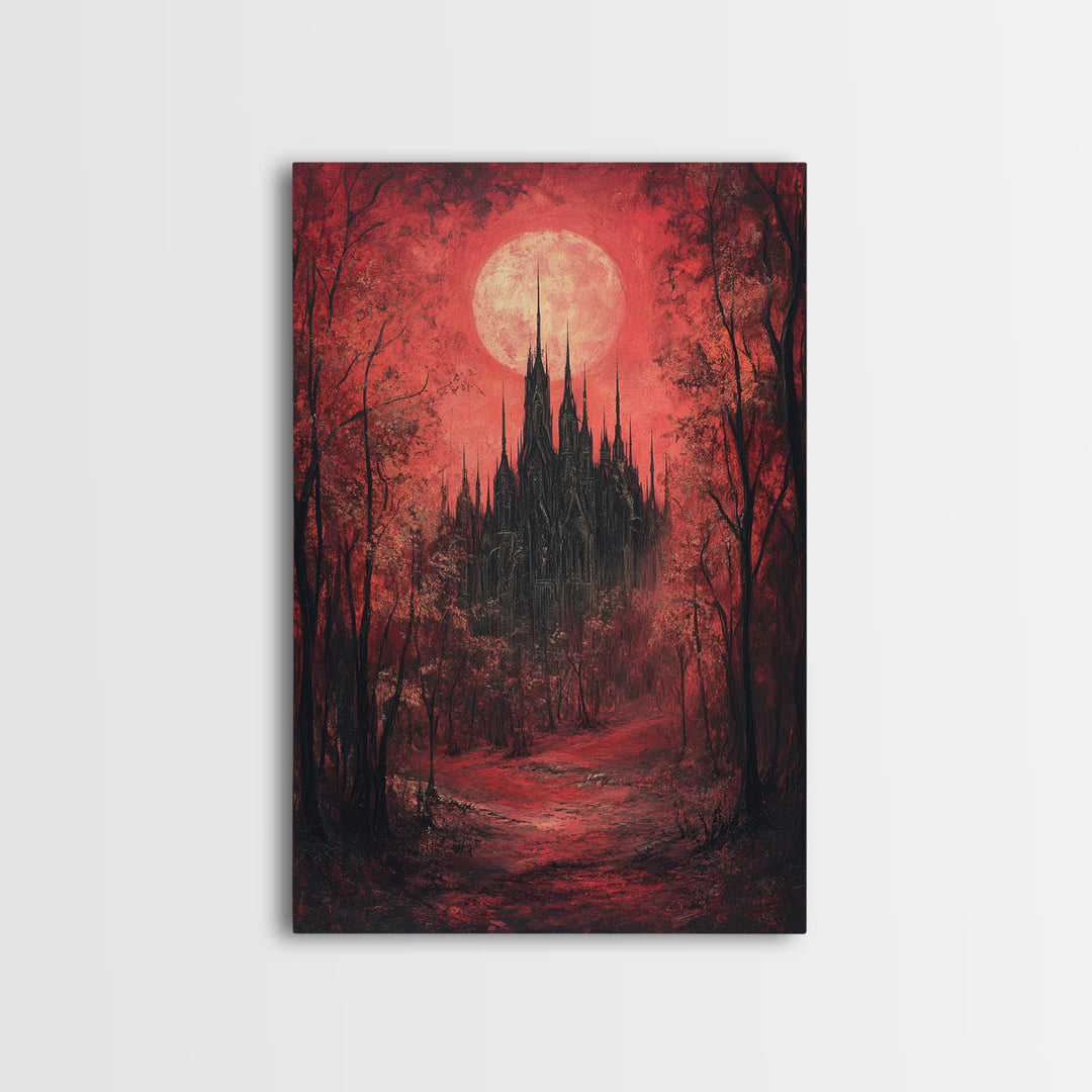 Red Moon Gothic Castle In Dark Forest Wall Art, Romantic Gothic Framed Canvas Print, Moody Halloween Bedroom Decor Gift For Her
