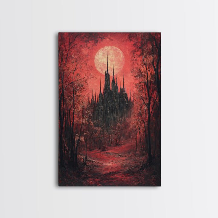 Red Moon Gothic Castle In Dark Forest Wall Art, Romantic Gothic Framed Canvas Print, Moody Halloween Bedroom Decor Gift For Her