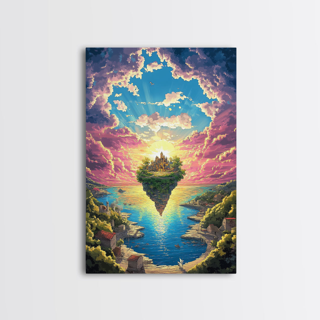 Floating Island Castle At Sunrise, Fantasy Canvas Print, Coastal Landscape Wall Decor, Whimsical Living Room Art Gift Idea