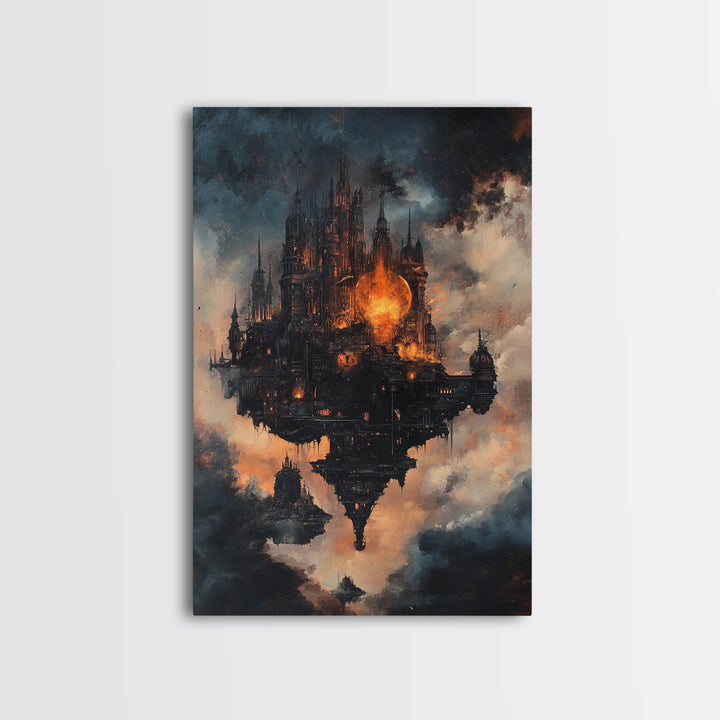 Dark Floating Gothic Castle, Fantasy Framed Canvas Print, Moody Cloudscape Wall Art, Dark Academia Home Decor Gift For Him