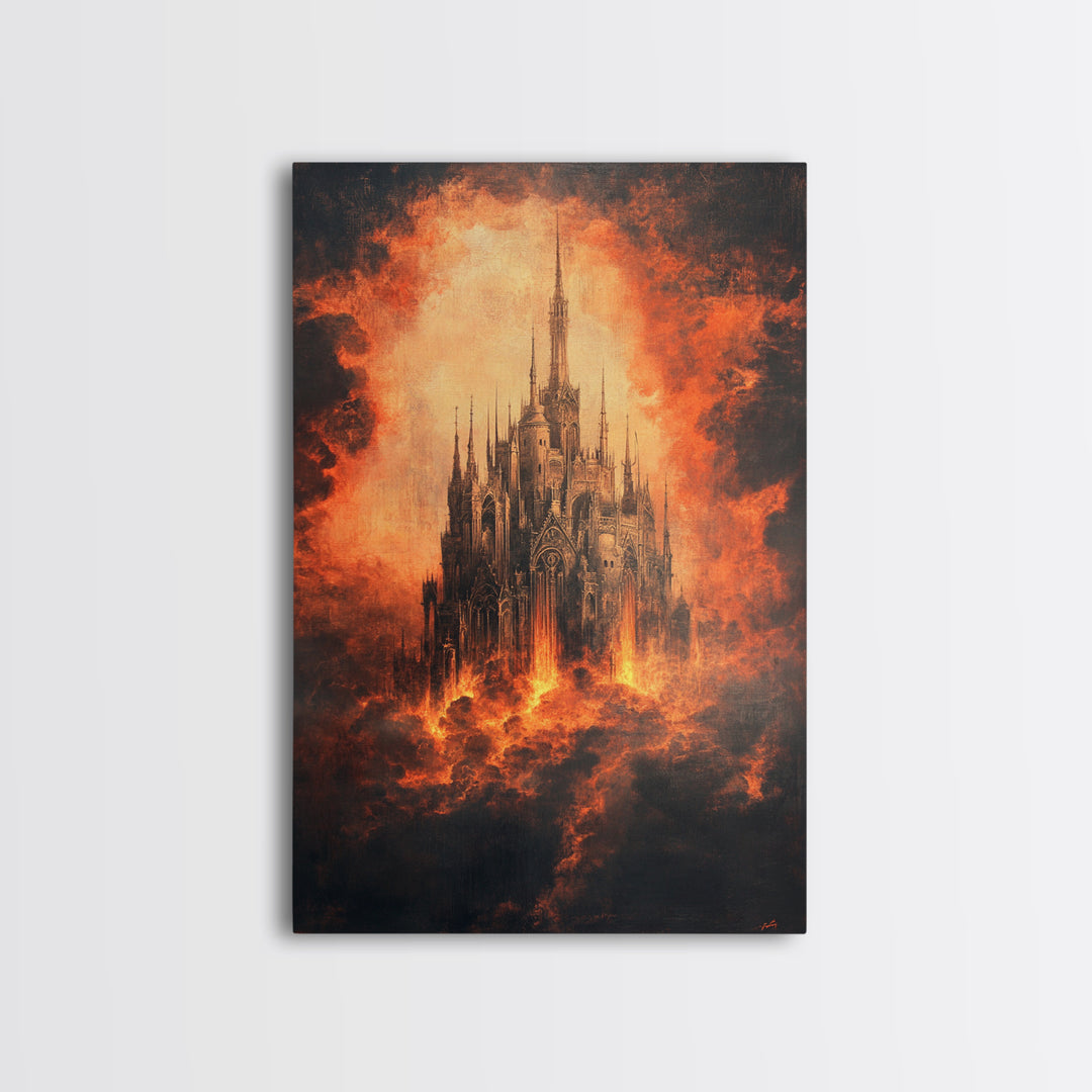 Fiery Gothic Cathedral In Storm Clouds, Dark Fantasy Canvas Print, Moody Wall Art, Gothic Dark Academia Home Decor Gift For Him