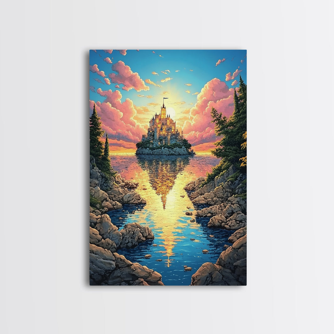 Island Castle Reflected In Cove, Fantasy Wall Art, Colorful Coastal Landscape Canvas Print, Whimsical Home Decor Gift Idea