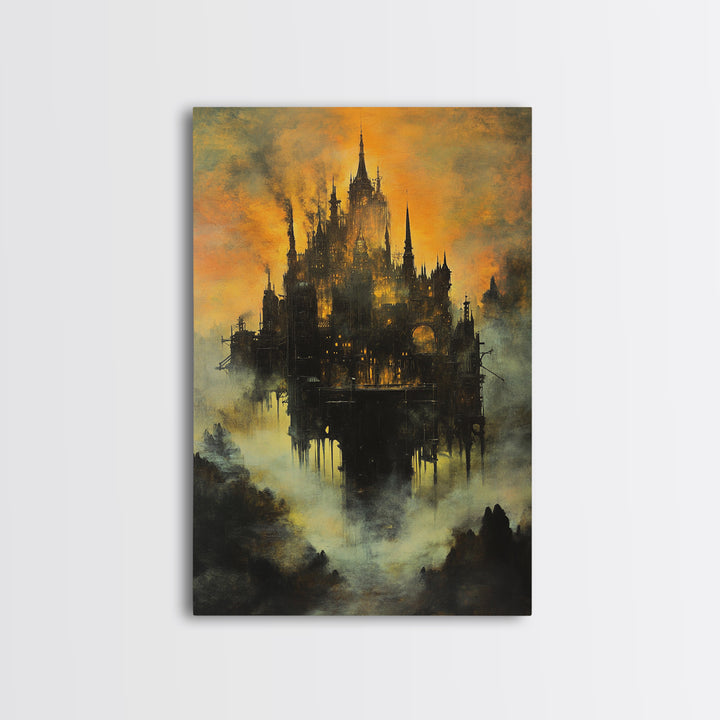 Moody Castle In Golden Mist, Dark Fantasy Framed Canvas Print, Gothic Wall Art, Dark Academia Living Room Decor Gift For Him