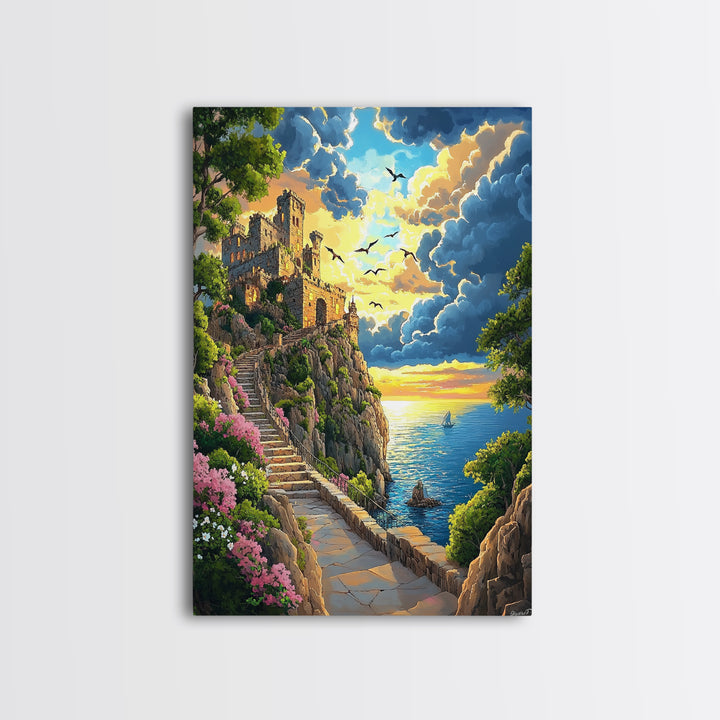 Seaside Ruins Stairway At Sunset, Coastal Wall Art, Castle Landscape Canvas Print, Whimsical Mediterranean Home Decor Gift