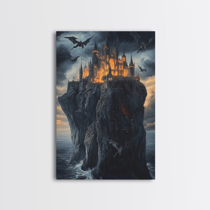 Gothic Dragon Castle On Sea Cliff Framed Canvas Print, Dark Fantasy Wall Art, Medieval Decor, Moody Castle Art Gift, Gothic Wall Decor