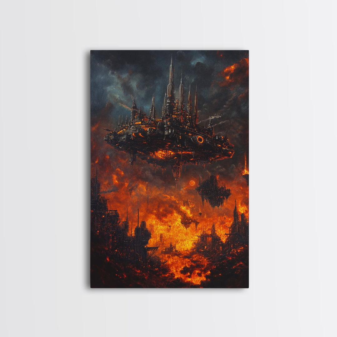 Fiery Dystopian Floating City Framed Canvas Print, Cyberpunk Wall Art, Dark Sci Fi Decor, Apocalyptic Fantasy Art, Poster