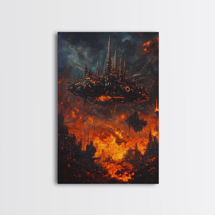 Fiery Dystopian Floating City Framed Canvas Print, Cyberpunk Wall Art, Dark Sci Fi Decor, Apocalyptic Fantasy Art, Poster