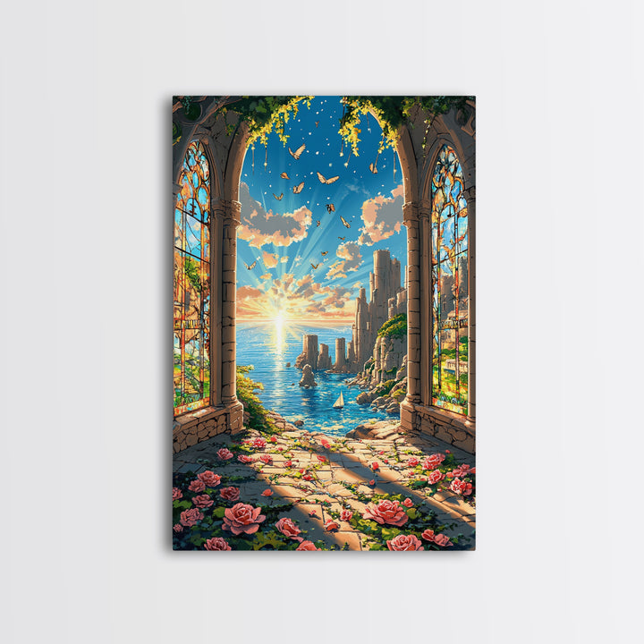 Sunlit Stained Glass Arch Ocean Ruins Framed Canvas Print, Coastal Wall Art, Rose Garden Decor, Fantasy Seascape Art Gift