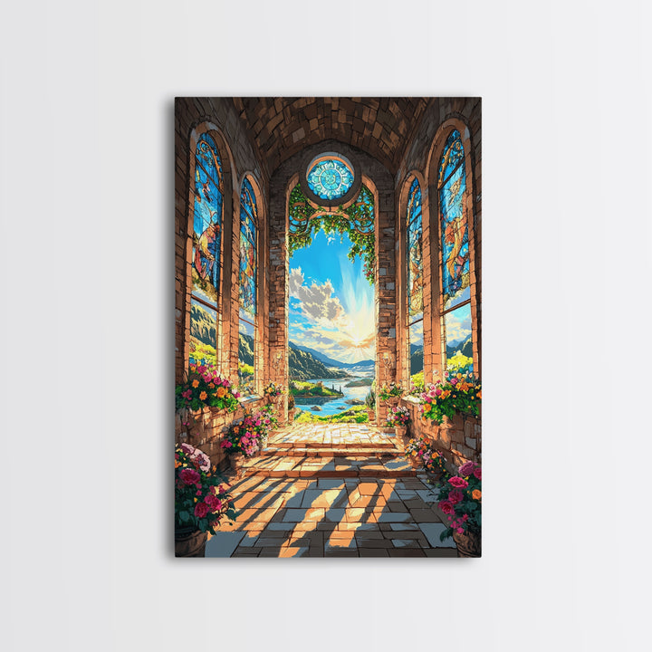 Cathedral Window Lake Vista Framed Canvas Print, Stained Glass Wall Art, Floral Garden Decor, Serene Coastal Landscape Art