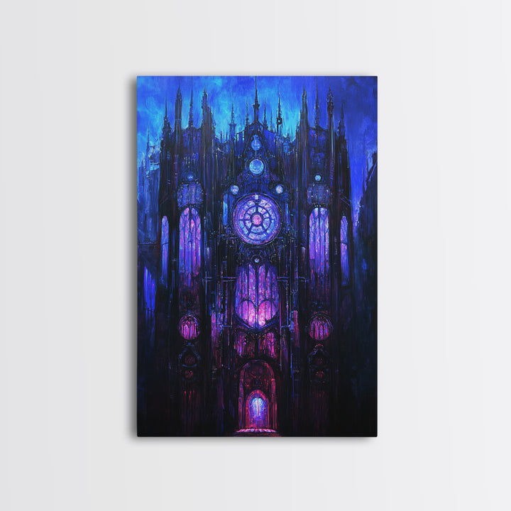 Blue Gothic Clockwork Cathedral Canvas Print, Dark Academia Wall Art, Purple Stained Glass Decor, Moody Fantasy Art Poster