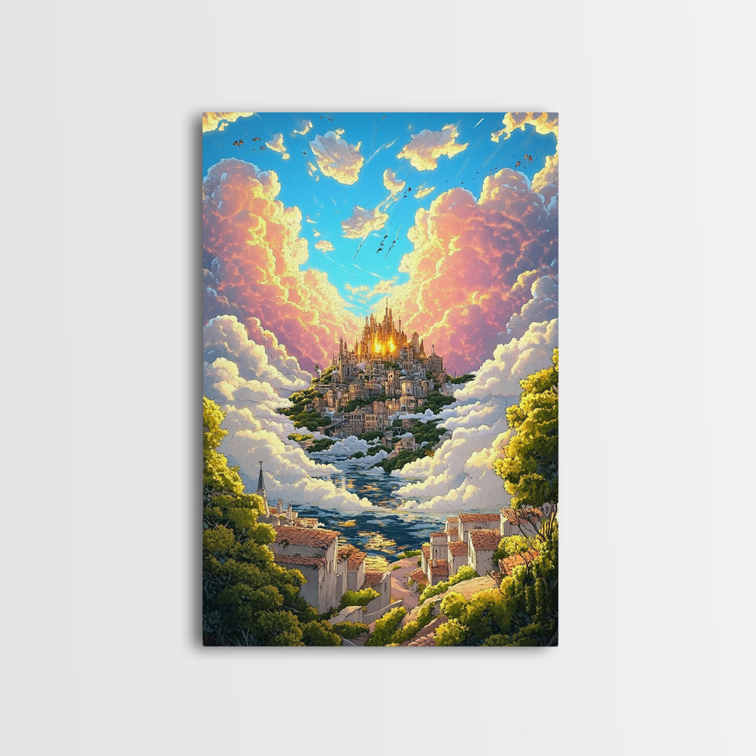Heavenly Cloud City Above Coastal Village Canvas Print, Fantasy Wall Art, Colorful Landscape Decor, Dreamy Sunlit Poster