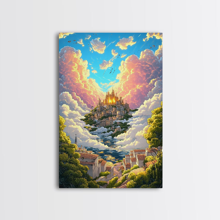 Heavenly Cloud City Above Coastal Village Canvas Print, Fantasy Wall Art, Colorful Landscape Decor, Dreamy Sunlit Poster