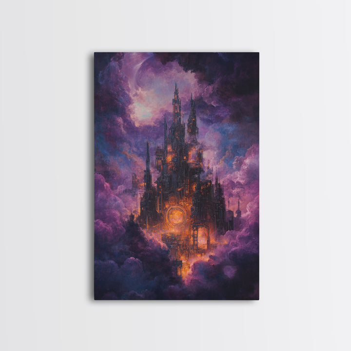 Mystical Purple Cloud Castle Framed Canvas Print, Dark Fantasy Wall Art, Celestial Gothic Decor, Moody Surreal Art Gift For Her