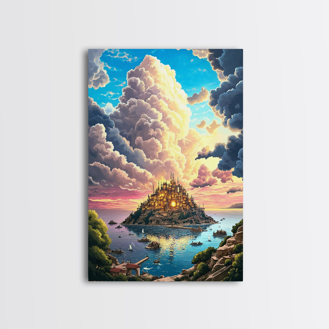Golden Island Castle At Sunset Canvas Print, Fantasy Seascape Wall Decor, Coastal Landscape Art For Living Room Decor Gift