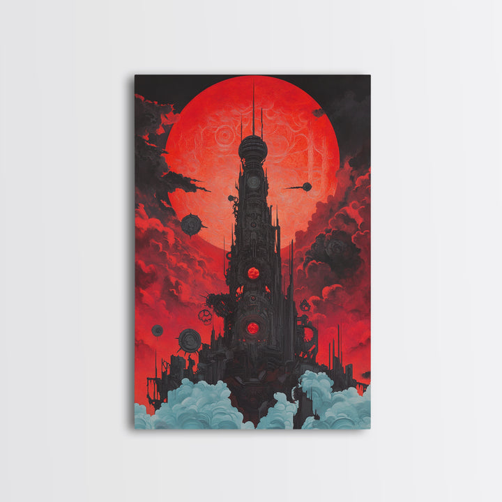 Red Moon Futuristic Tower Wall Art, Dark Sci Fi Cityscape Poster, Cyberpunk Gothic Decor For Gaming Room And Office Decor