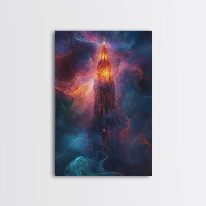 Fiery Gothic Tower Framed Canvas Print, Dark Fantasy Abstract Art, Moody Surreal Wall Decor For Office And Living Room Art