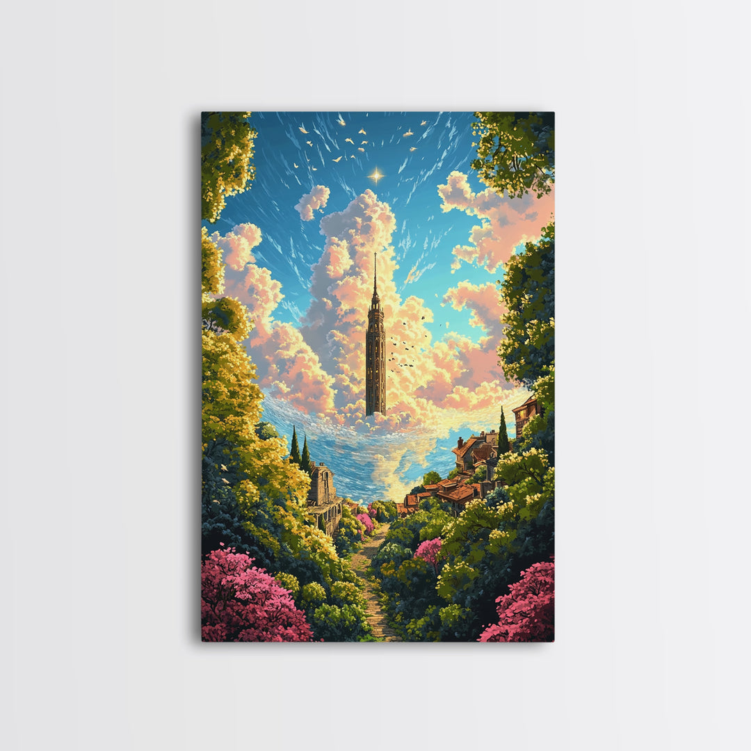 Floating Cloud Tower Canvas Print, Whimsical Fantasy Landscape Wall Art, Dreamy Garden Decor For Bedroom And Nursery Gift