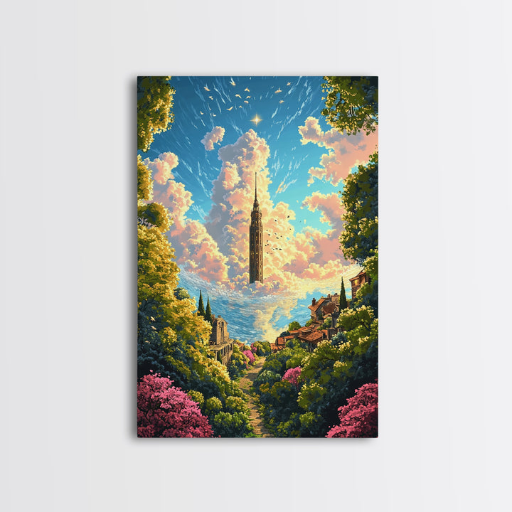 Floating Cloud Tower Canvas Print, Whimsical Fantasy Landscape Wall Art, Dreamy Garden Decor For Bedroom And Nursery Gift