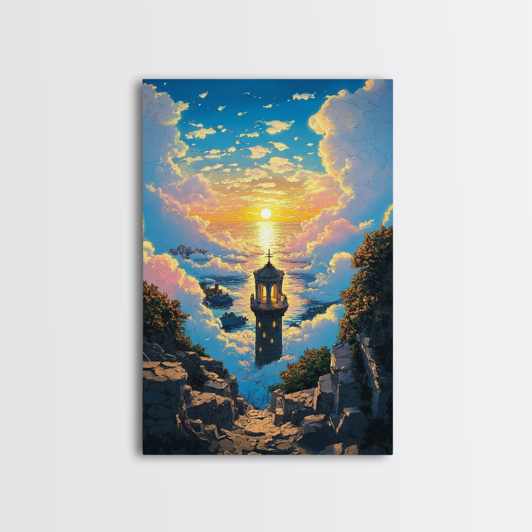 Sunset Sea Tower Canvas Print, Dreamy Cloud Ocean Landscape Wall Art, Coastal Fantasy Decor For Bedroom And Living Room Gift