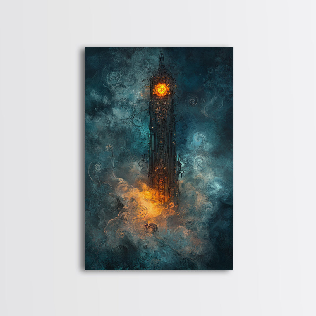 Dark Clock Tower In Teal Fog Wall Art, Gothic Fantasy Castle Canvas, Moody Steampunk Decor, Surreal Large Print, Living Room Wall Decor